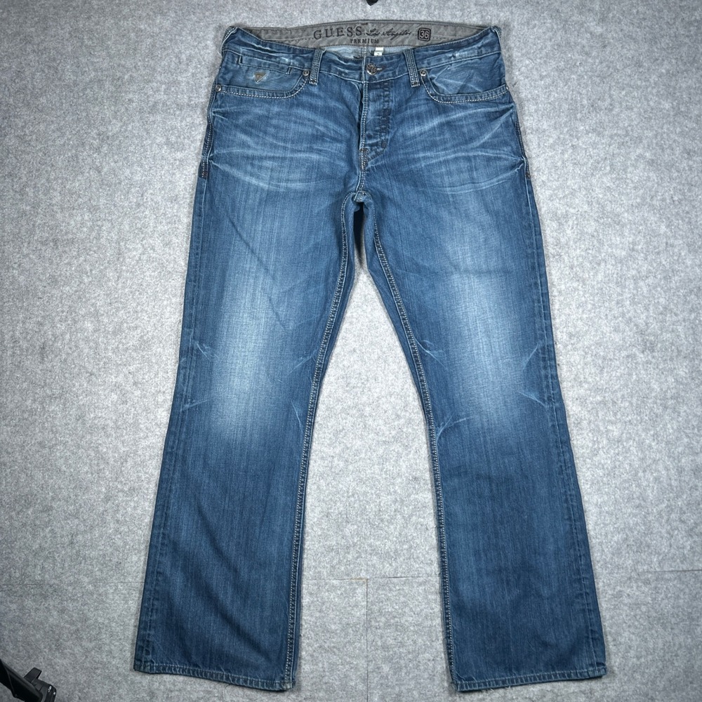 Guess Denim Jeans Mens 36 Blue Falcon Slim Boot Premium Y2K Distressed Faded
